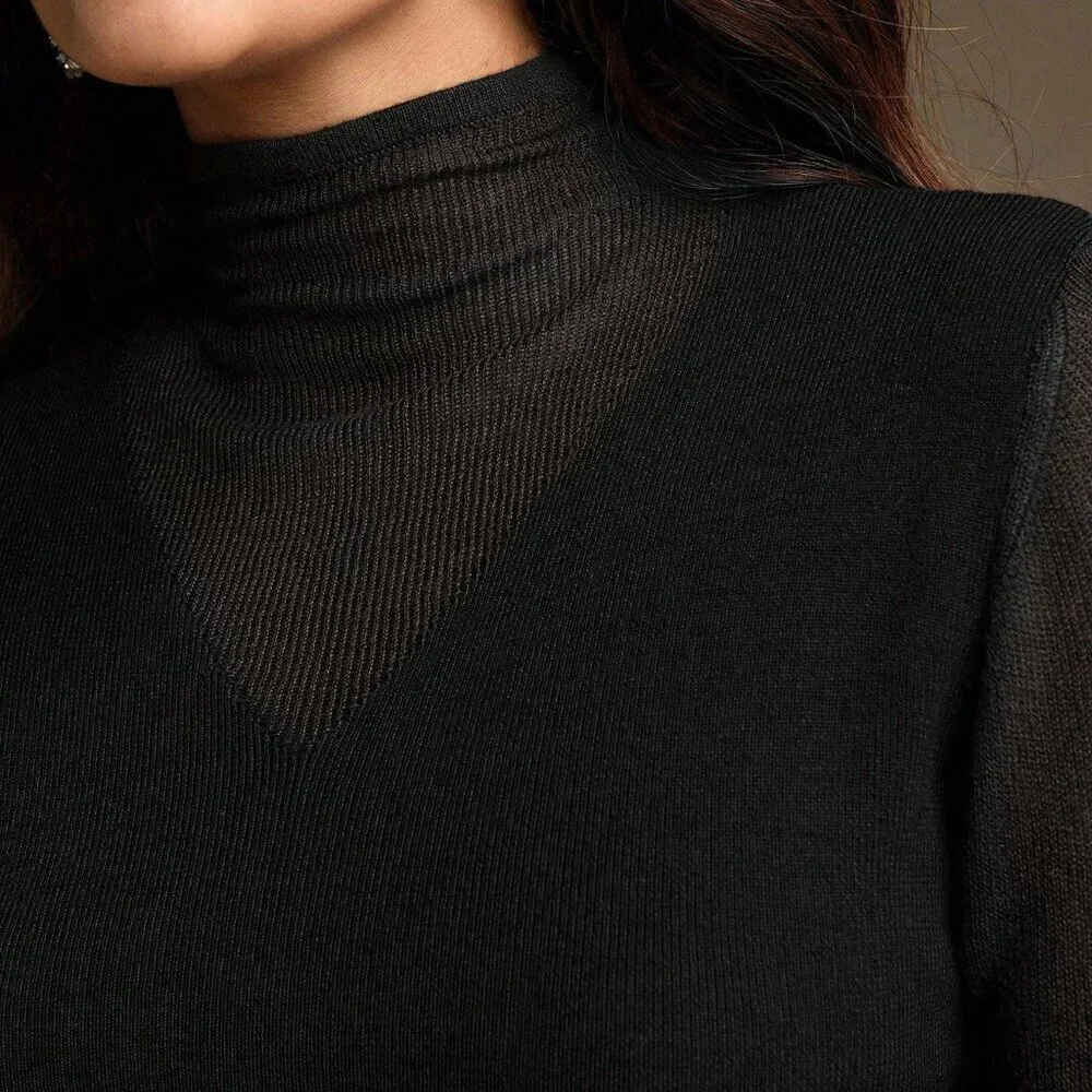 Black Elegant Women's V-Neck Knitted Slim Fit Stand Collar Sweater